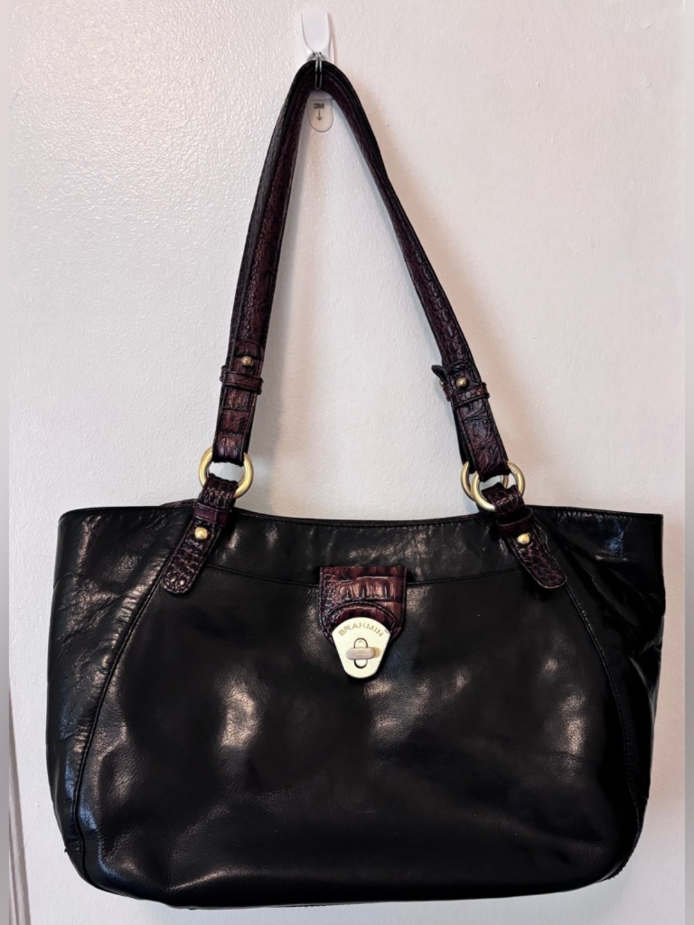 Brahmin Colette Tuscan Black Leather Shoulder Bag Croc Embossed Trim Tote